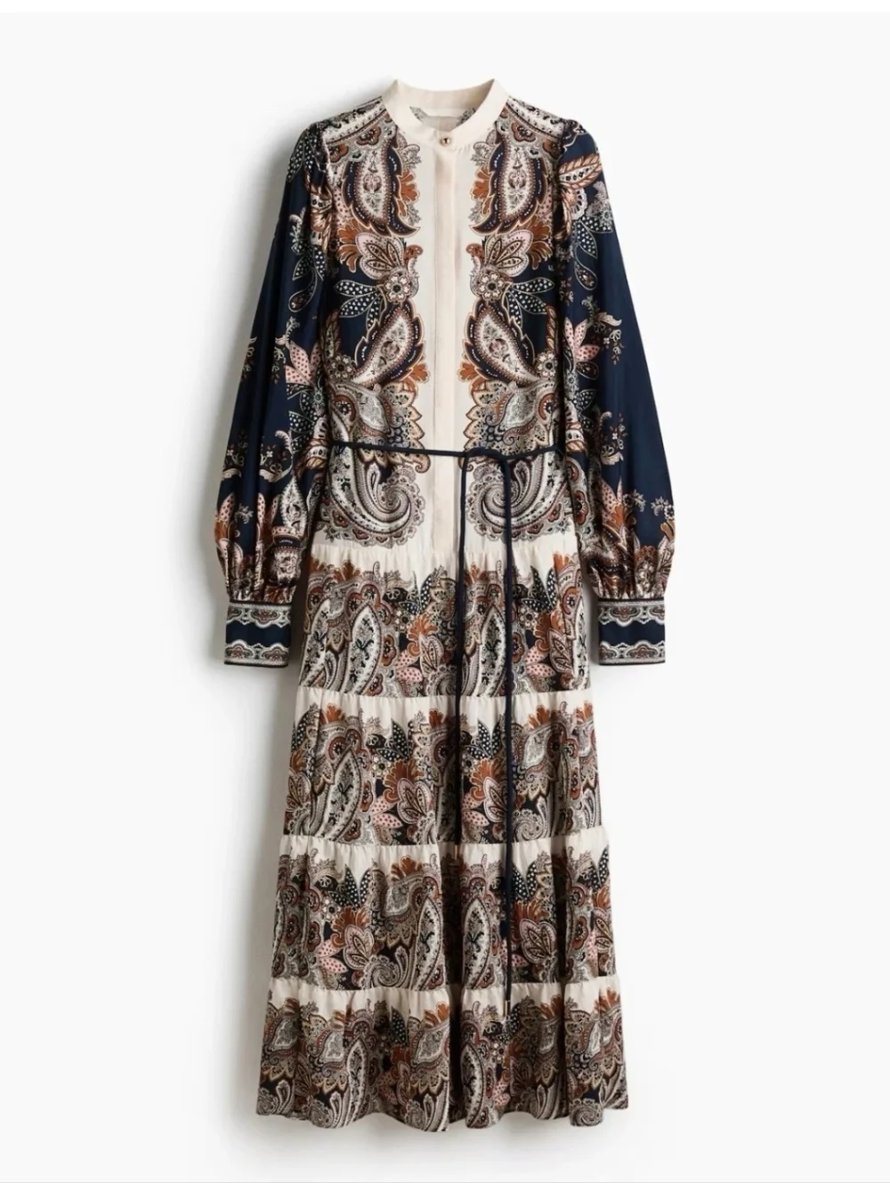 Sz M H&M Dress With Tiered Skirt New Blue Beige/Paisley - Picture 2 of 4